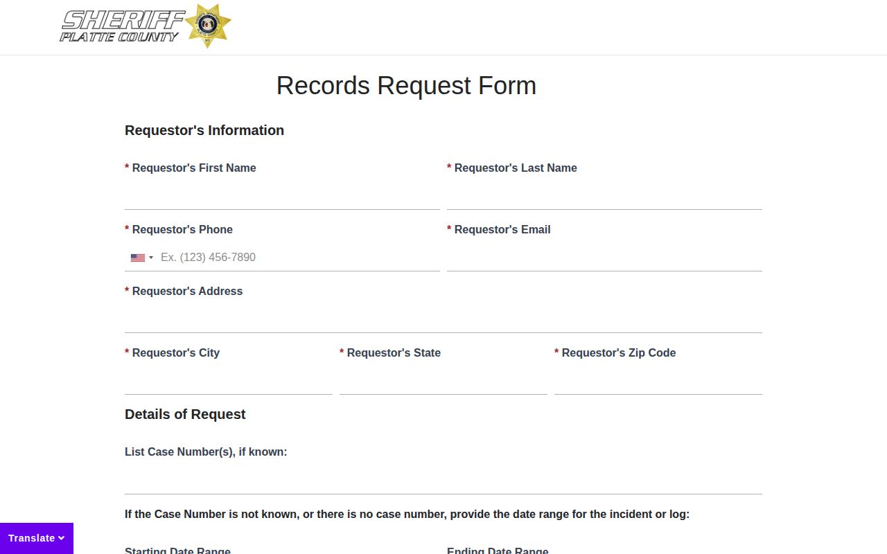 Platte County Sheriff booking-record request interface