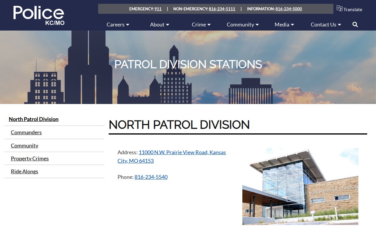 KCPD North Patrol Division official contact page for Kansas City Missouri